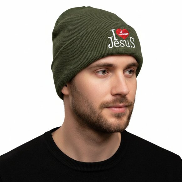 "I Love Jesus" Winter Fleece-Lined Hat, Green - Picture 1 of 4